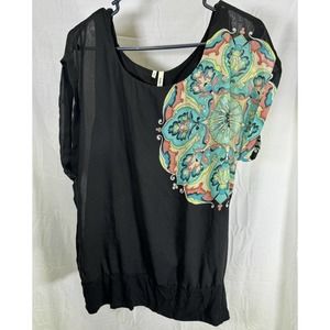 Studio Y Black Floral Pullover Shirt Short‎ Sleeve Size Large Women